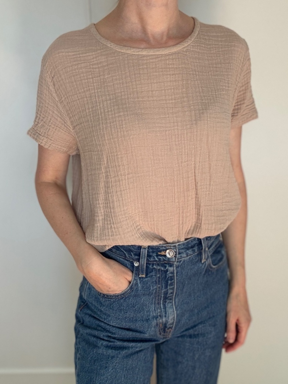 Honest Cotton Gauze Short Sleeve Tee Top Neutral Beige (Size: O/S)